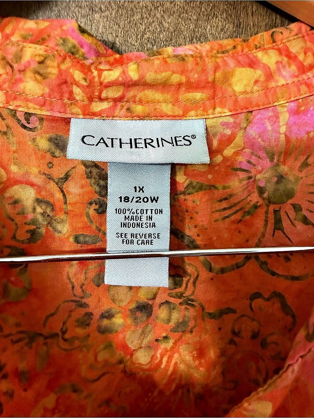 Catherines 1X Floral Button-Front Cotton Shirt Pink & Orange Lightweight - Picture 3 of 8